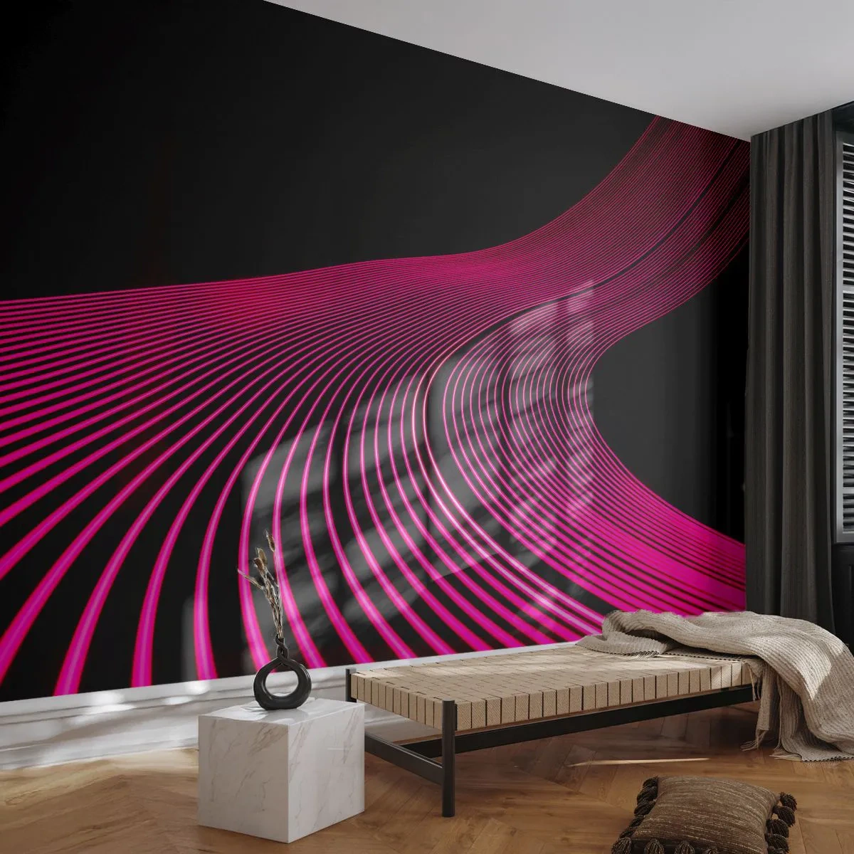 Fototapete Premium Sand - Neonpinke Linien wirbeln auf schwarzem Hintergrund - 100x70cm - Allee des Lichts - Moderne Wanddekoration für Wohnzimmer und Schlafzimmer ARTTOR