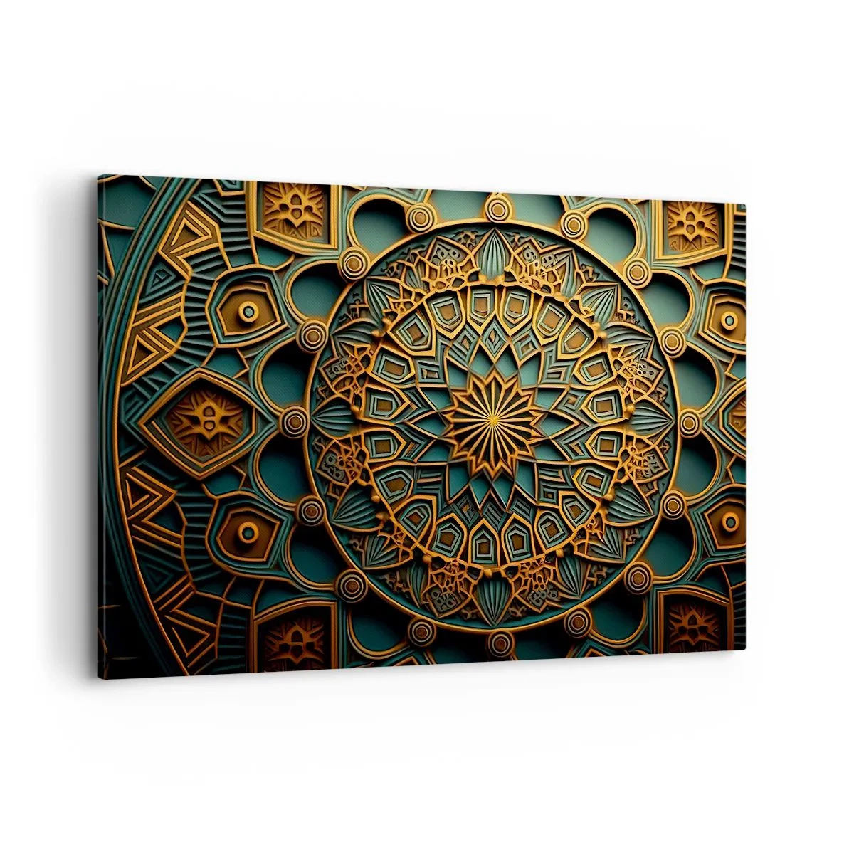 Bild auf Leinwand - Leinwandbild - Ein goldenes Mandala auf türkisfarbenem Hintergrund mit vielen Details. - 120x80cm - In arabischer Atmosphäre - Moderne Wanddekoration für Wohnzimmer und Schlafzimmer ARTTOR