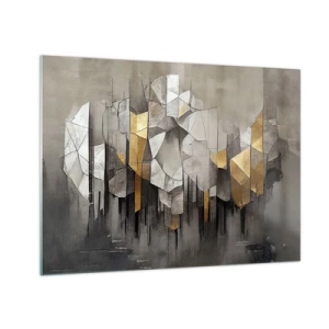 Glasbild - Bild auf glas - Abstrakte Formen in Grau-, Weiß- und Goldtönen - 70x50cm - Komposition aus Eis und Licht - Moderne Wanddekoration für Wohnzimmer und Schlafzimmer ARTTOR