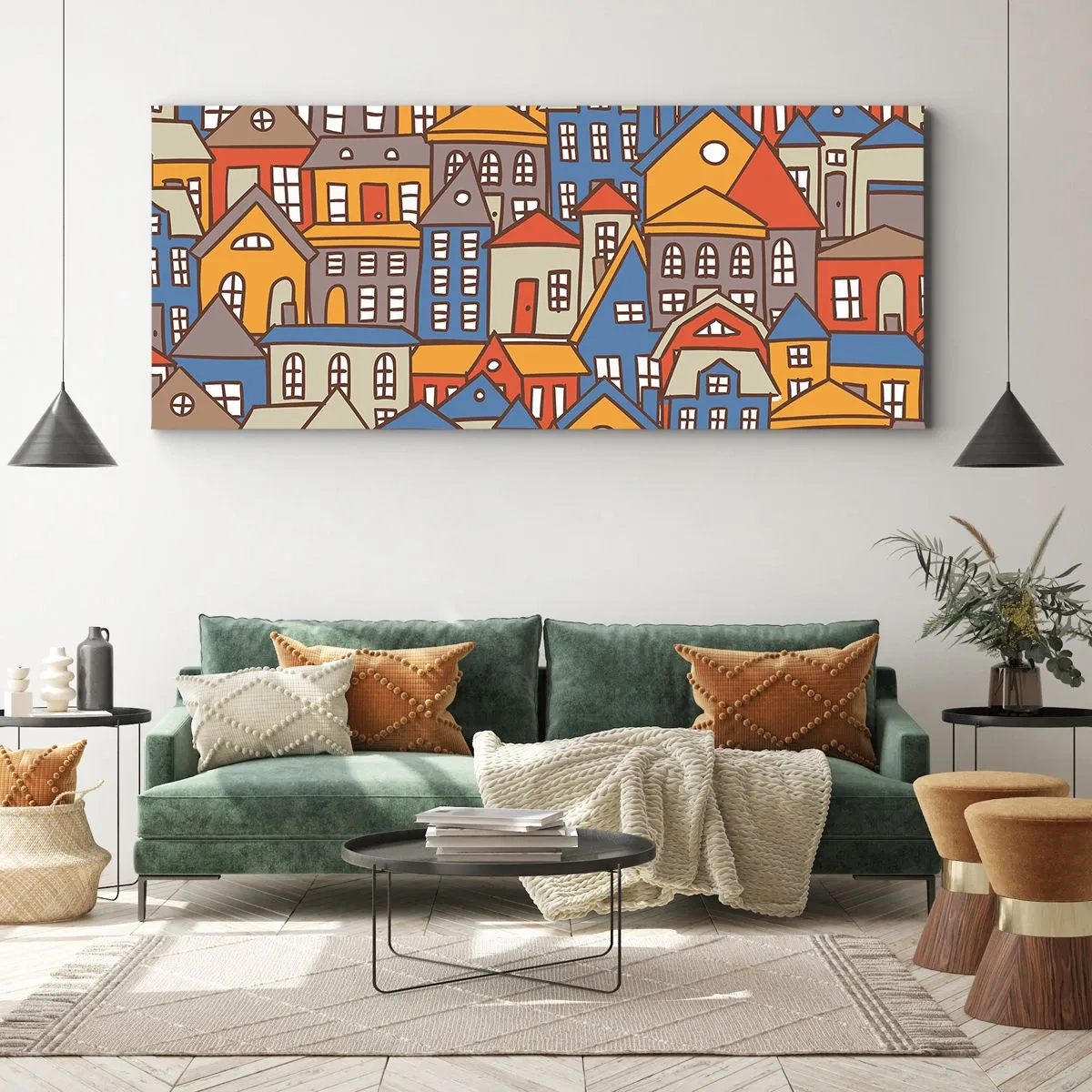 Bild auf Leinwand - Leinwandbild - Bunte Häuser im grafischen Stil auf hellem Hintergrund - 160x50cm - Hinter dem Haus ist das Haus - Moderne Wanddekoration für Wohnzimmer und Schlafzimmer ARTTOR