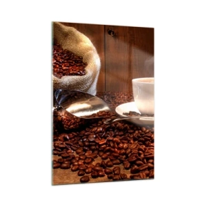 Glasbild - Bild auf glas - Eine Tasse Kaffee vor einem Hintergrund aus Bohnen und einem Jutebeutel - 50x70cm - Fühlst du diesen Geruch? - Moderne Wanddekoration für Wohnzimmer und Schlafzimmer ARTTOR