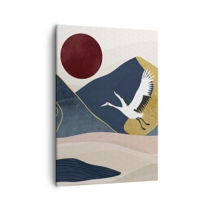 Bild auf Leinwand - Leinwandbild - Kraniche im Flug vor der Kulisse der Berge und einer roten Sonne - 50x70cm - Es ist wieder ein Tag VERFLOGEN - Moderne Wanddekoration für Wohnzimmer und Schlafzimmer ARTTOR