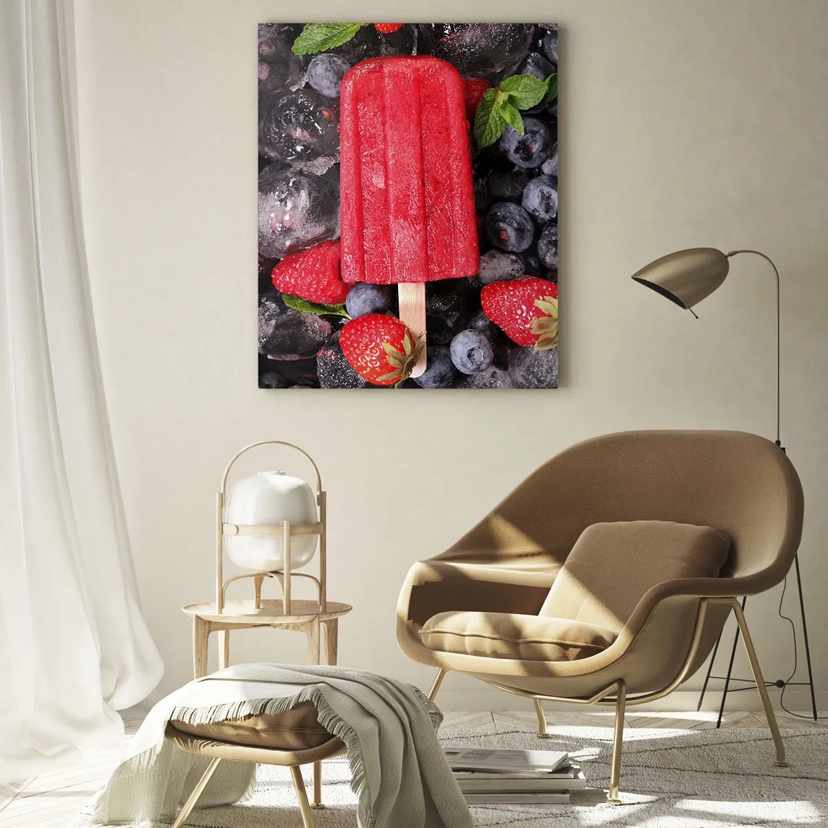 Glasbild - Bild auf glas - Rotes Eis am Stiel, umgeben von Früchten und Eis - 70x100cm - So schmeckt der heiße Sommer - Moderne Wanddekoration für Wohnzimmer und Schlafzimmer ARTTOR