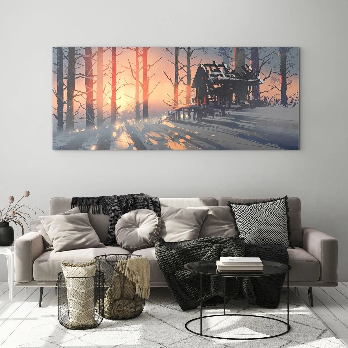 Glasbild - Bild auf glas - Ein Waldhäuschen in einer Winterlandschaft mit den Strahlen der untergehenden Sonne - 140x50cm - Hier sieht nur die Sonne rein - Moderne Wanddekoration für Wohnzimmer und Schlafzimmer ARTTOR