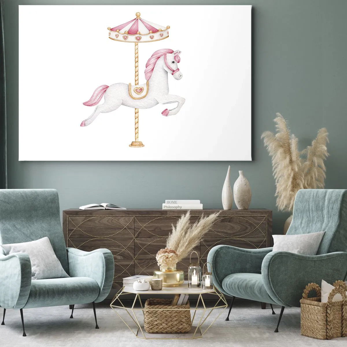 Bild auf Leinwand - Leinwandbild - Ein Karussellpferd in Pastelltönen von Rosa - 70x50cm - Er legte los - Moderne Wanddekoration für Wohnzimmer und Schlafzimmer ARTTOR