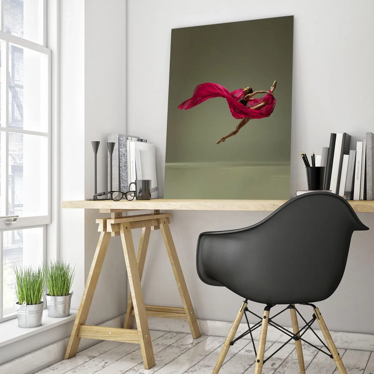 Glasbild - Bild auf glas - Balletttänzerin in dynamischer Pose mit rosa Stoff - 70x100cm - Tanzende Flamme - Moderne Wanddekoration für Wohnzimmer und Schlafzimmer ARTTOR
