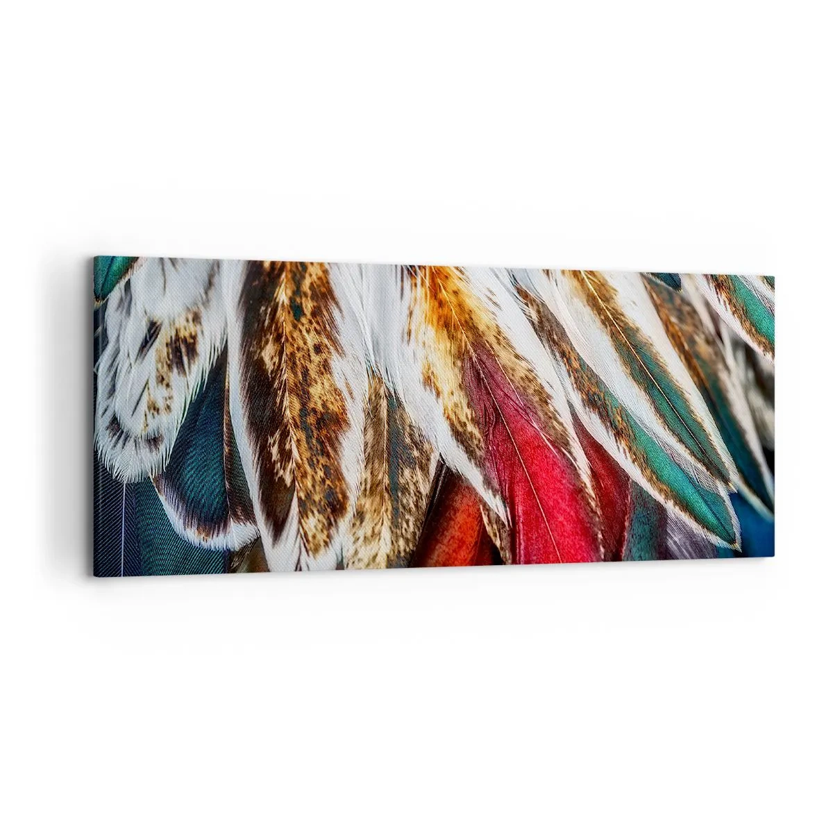 Bild auf Leinwand - Leinwandbild - Nahaufnahme von mehrfarbigen Federn in leuchtenden, intensiven Farben - 120x50cm - Geheimnisse des Fliegens - Moderne Wanddekoration für Wohnzimmer und Schlafzimmer ARTTOR