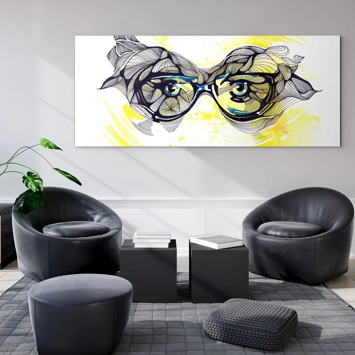 Glasbild - Bild auf glas - Künstlerische Grafik einer Brille mit ausdrucksstarken Augen - 120x50cm - Durch blaue Brille - Moderne Wanddekoration für Wohnzimmer und Schlafzimmer ARTTOR