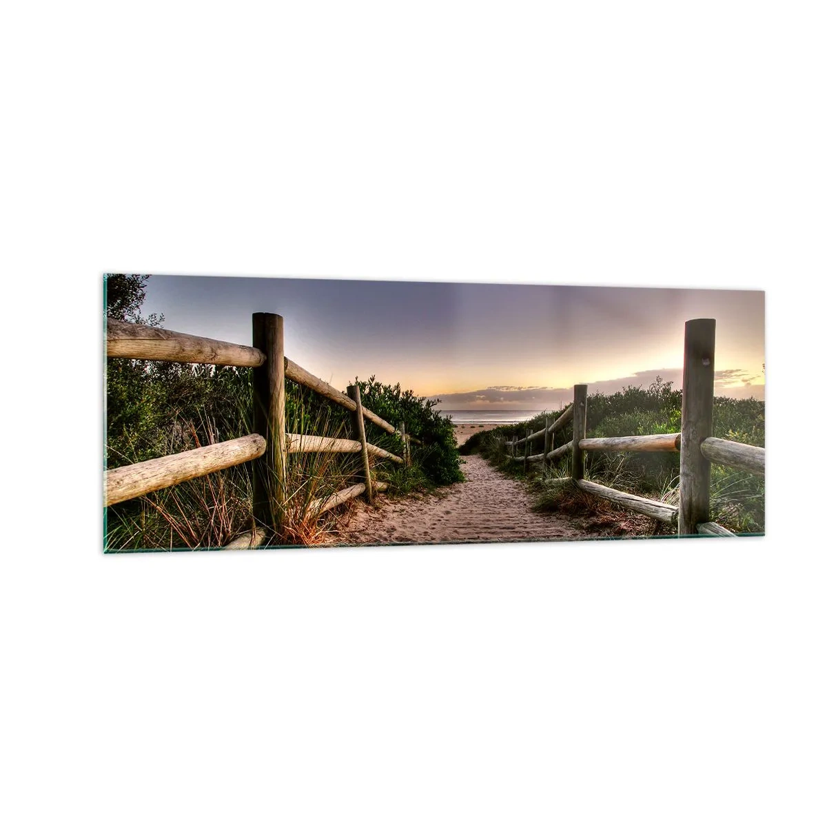 Glasbild - Bild auf glas - Holzweg in den Dünen, der bei Sonnenuntergang zum Strand führt - 140x50cm - Das Ziel ist bereits sichtbar - Moderne Wanddekoration für Wohnzimmer und Schlafzimmer ARTTOR