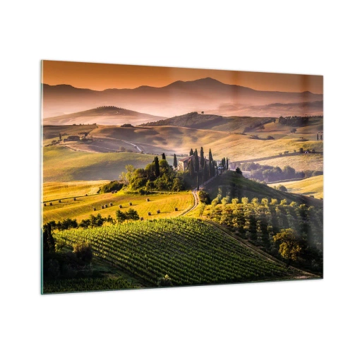 Glasbild - Bild auf glas - Toskanische Landschaft bei Sonnenaufgang - 100x70cm - Arkadien - die toskanische Landschaft - Moderne Wanddekoration für Wohnzimmer und Schlafzimmer ARTTOR