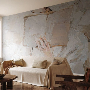 Fototapete Premium Sand - Eine Hand hält ein Buch in einer weißen Farbstruktur - 100x70cm - In einer anderen Welt - Moderne Wanddekoration für Wohnzimmer und Schlafzimmer ARTTOR