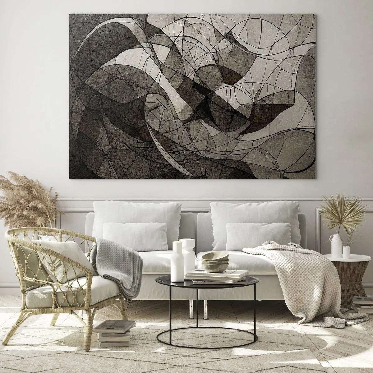 Glasbild - Bild auf glas - Eine abstrakte Komposition aus organischen Linien in Erdtönen. - 70x50cm - Zirkulation von Erdfarben - Moderne Wanddekoration für Wohnzimmer und Schlafzimmer ARTTOR