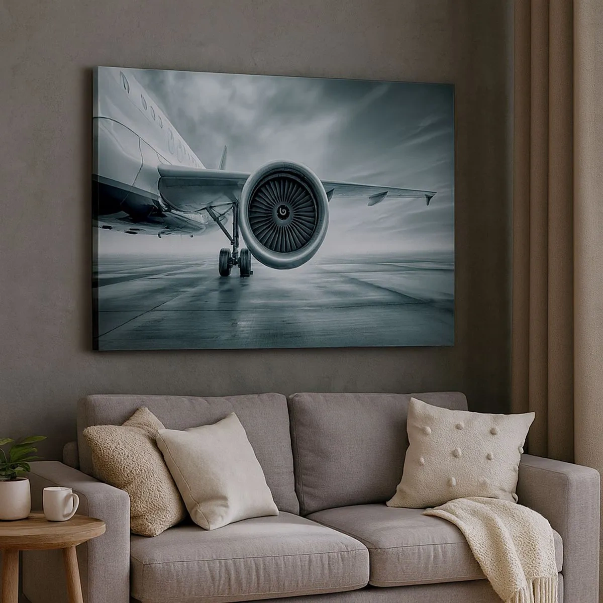 Bild auf Leinwand - Leinwandbild - Das Düsentriebwerk eines Flugzeugs auf dem Rollfeld - 70x50cm - Die Macht ist da! - Moderne Wanddekoration für Wohnzimmer und Schlafzimmer ARTTOR