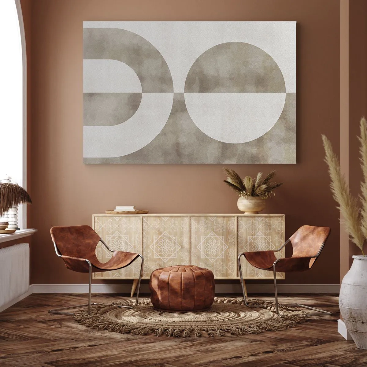 Bild auf Leinwand - Leinwandbild - Ein abstraktes Gemälde in Beigetönen mit geometrischen Formen und Symmetrie. - 70x50cm - Ähnlichkeiten und Unterschiede - Moderne Wanddekoration für Wohnzimmer und Schlafzimmer ARTTOR