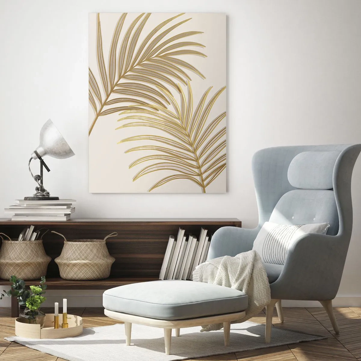 Glasbild - Bild auf glas - Goldene Palmblätter auf hellem Hintergrund im minimalistischen Stil - 70x100cm - Goldene Palme! - Moderne Wanddekoration für Wohnzimmer und Schlafzimmer ARTTOR