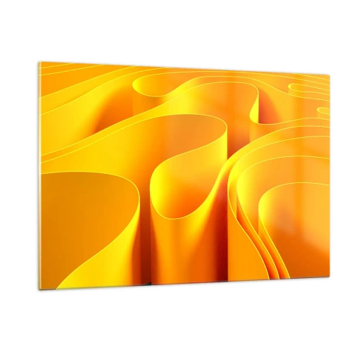 Glasbild - Bild auf glas - Abstrakte Wellen in Gold- und Orangetönen - 120x80cm - Wie Sonnenwellen - Moderne Wanddekoration für Wohnzimmer und Schlafzimmer ARTTOR