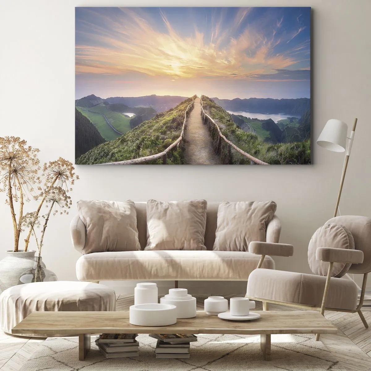 Bild auf Leinwand - Leinwandbild - Ein malerischer Weg auf einem Hügel mit Blick auf den Sonnenuntergang - 100x70cm - Nah am Himmel - Moderne Wanddekoration für Wohnzimmer und Schlafzimmer ARTTOR