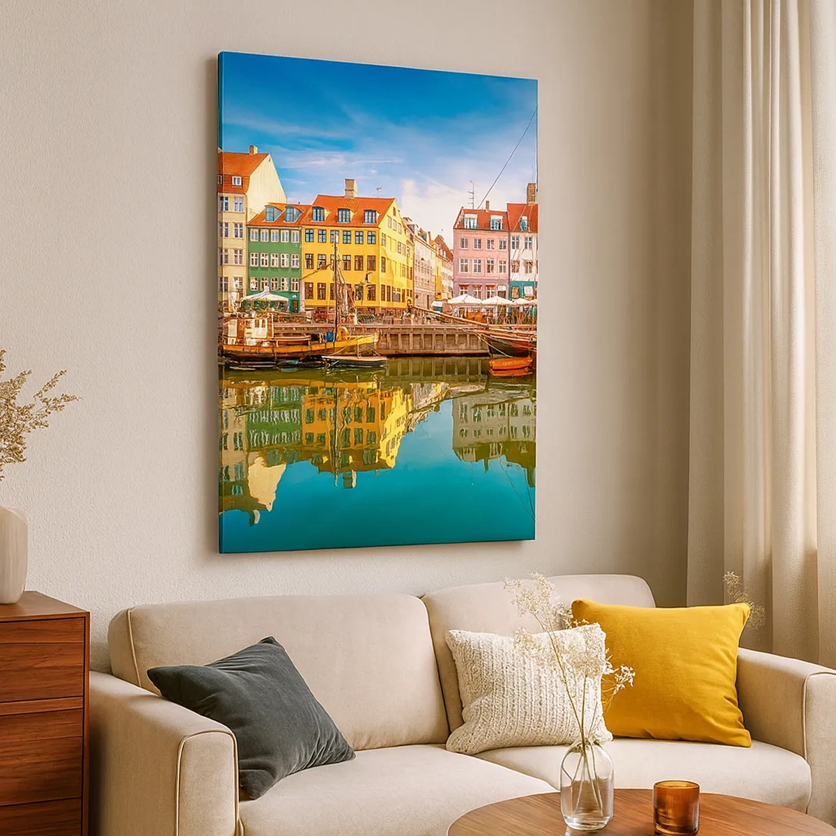 Bild auf Leinwand - Leinwandbild - Bunte Grachtenhäuser in Kopenhagen - 50x70cm - Glatt wie ein Spiegel über dem Wasser - Moderne Wanddekoration für Wohnzimmer und Schlafzimmer ARTTOR