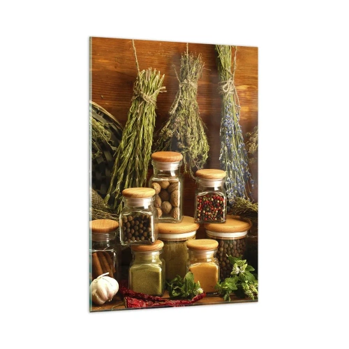 Glasbild - Bild auf glas - Kräuter und Gewürze in Gläsern auf rustikalem Hintergrund - 80x120cm - Küchenzauber - Moderne Wanddekoration für Wohnzimmer und Schlafzimmer ARTTOR