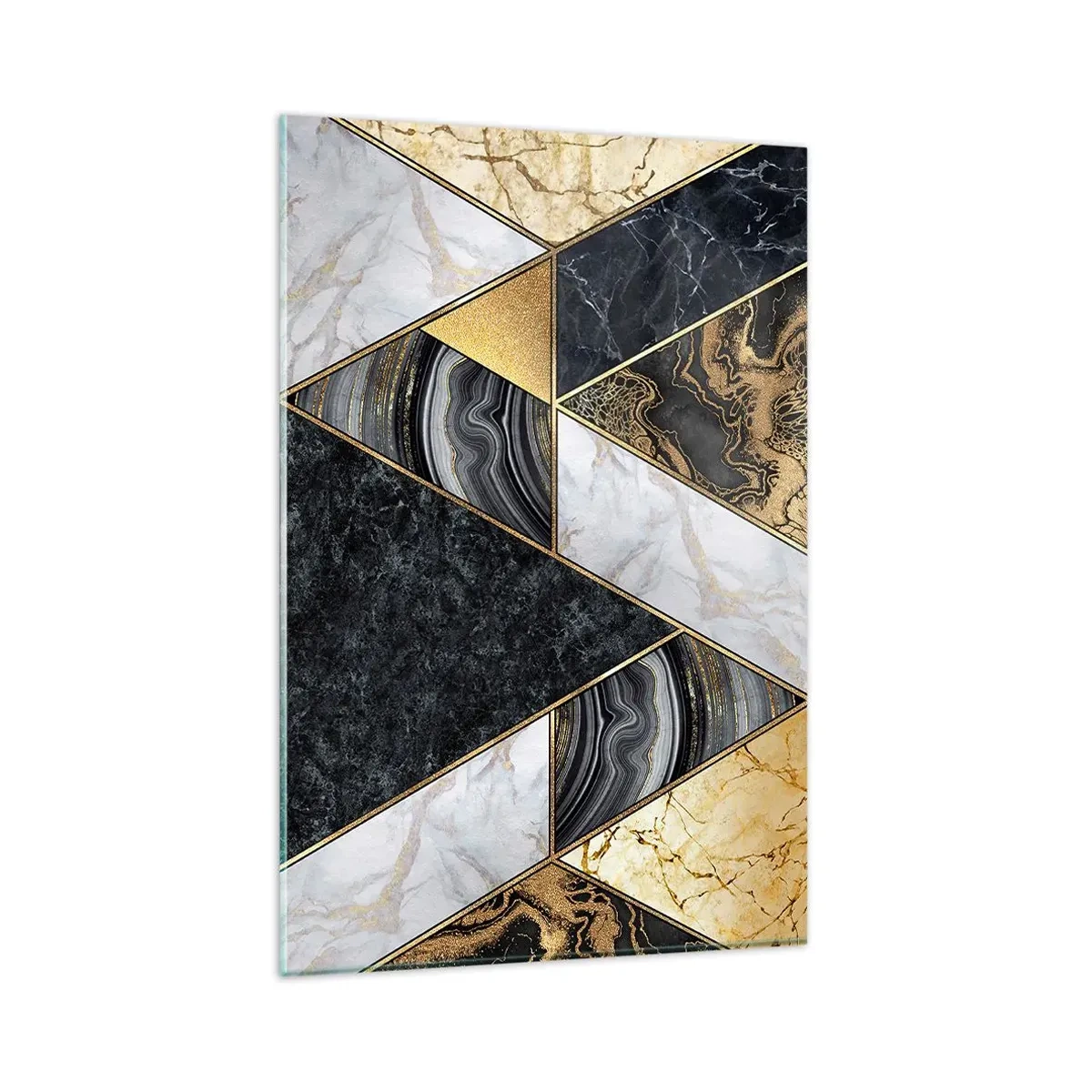 Glasbild - Bild auf glas - Geometrische Dreiecke in Gold, Marmor und dunklen Farbtönen - 80x120cm - Stein um Stein - Moderne Wanddekoration für Wohnzimmer und Schlafzimmer ARTTOR