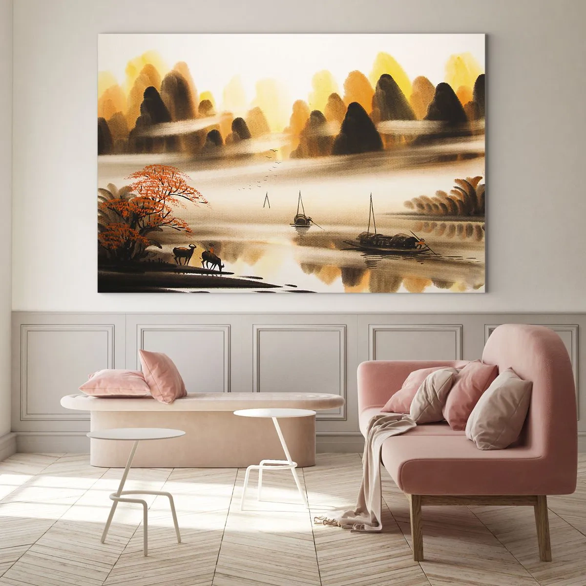Glasbild - Bild auf glas - Orientalische Landschaft mit Booten und Bergen im Nebel - 100x70cm - Weiter als im Fernosten - Moderne Wanddekoration für Wohnzimmer und Schlafzimmer ARTTOR