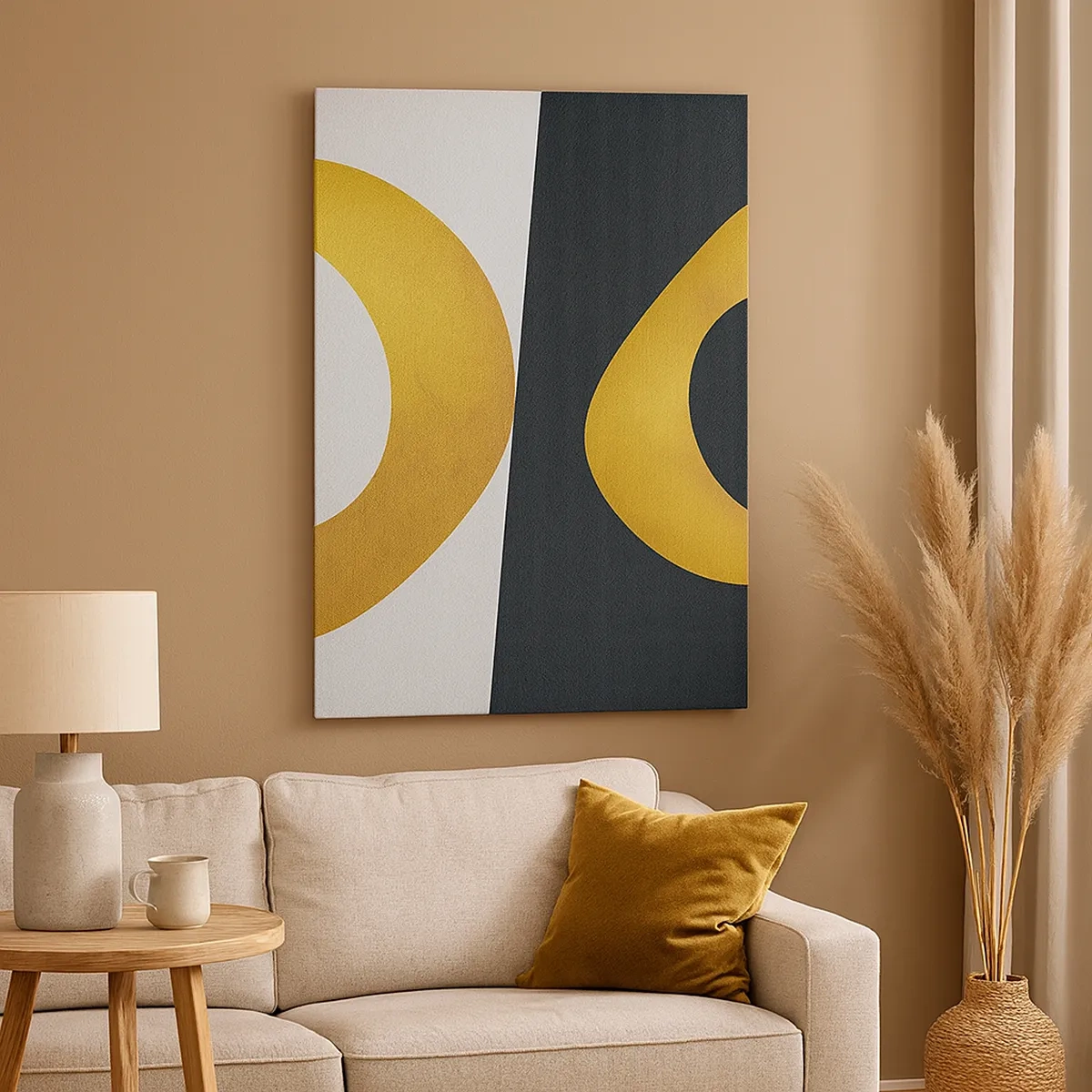 Bild auf Leinwand - Leinwandbild - Geometrische Formen in Gold auf weißem und dunklem Hintergrund - 50x70cm - Erstens: Gold - Moderne Wanddekoration für Wohnzimmer und Schlafzimmer ARTTOR