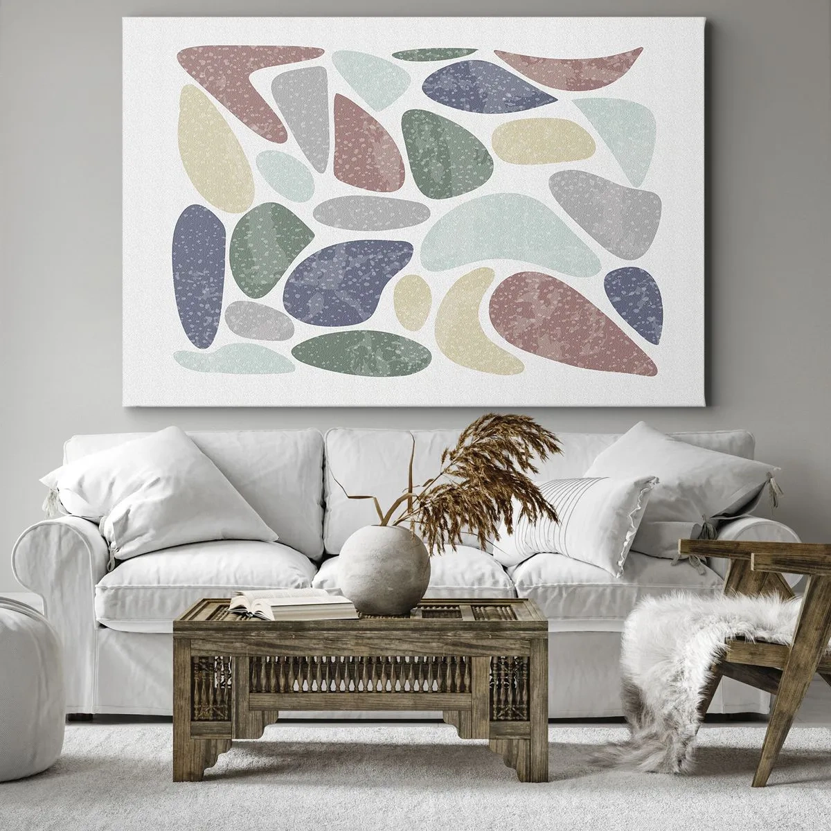 Bild auf Leinwand - Leinwandbild - Bunte organische Formen auf weißem Hintergrund - 70x50cm - Mosaik aus pulverförmigen Farben - Moderne Wanddekoration für Wohnzimmer und Schlafzimmer ARTTOR