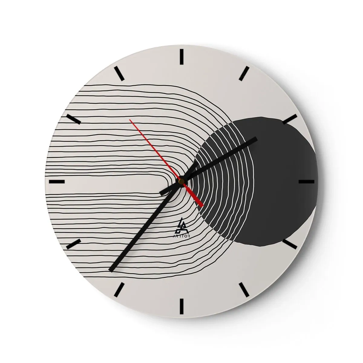 Wanduhr - Glasuhr - Abstrakte Linien und ein schwarzer Kreis auf hellem Hintergrund in einer grafischen Komposition - 30x30cm - Zittern und Vertrauen - Moderne Wanddekoration für Wohnzimmer, Küche und Schlafzimmer ARTTOR
