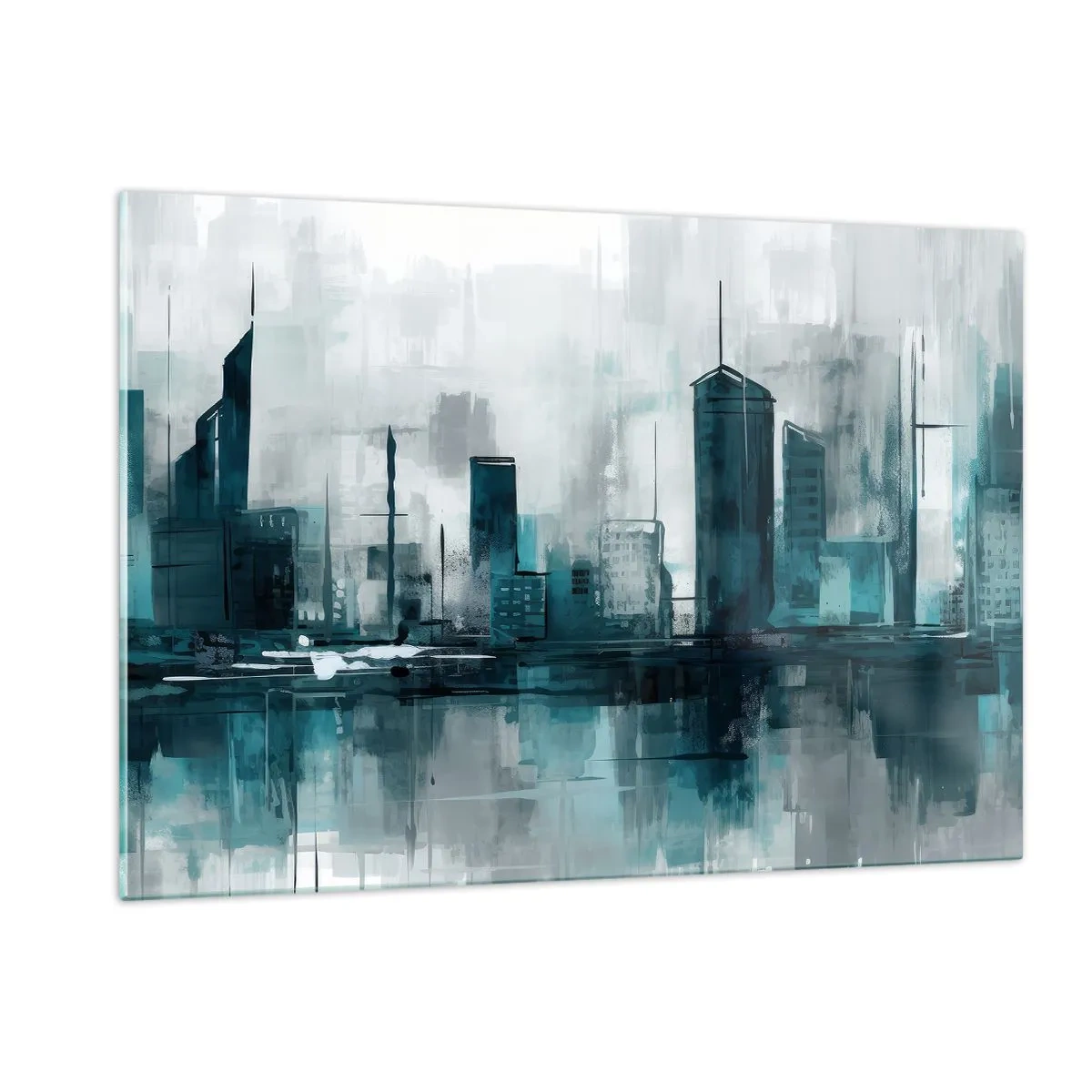 Glasbild - Bild auf glas - Eine moderne Stadt in Blau- und Grautönen - 120x80cm - Eine Stadt in der Farbe des Regens - Moderne Wanddekoration für Wohnzimmer und Schlafzimmer ARTTOR