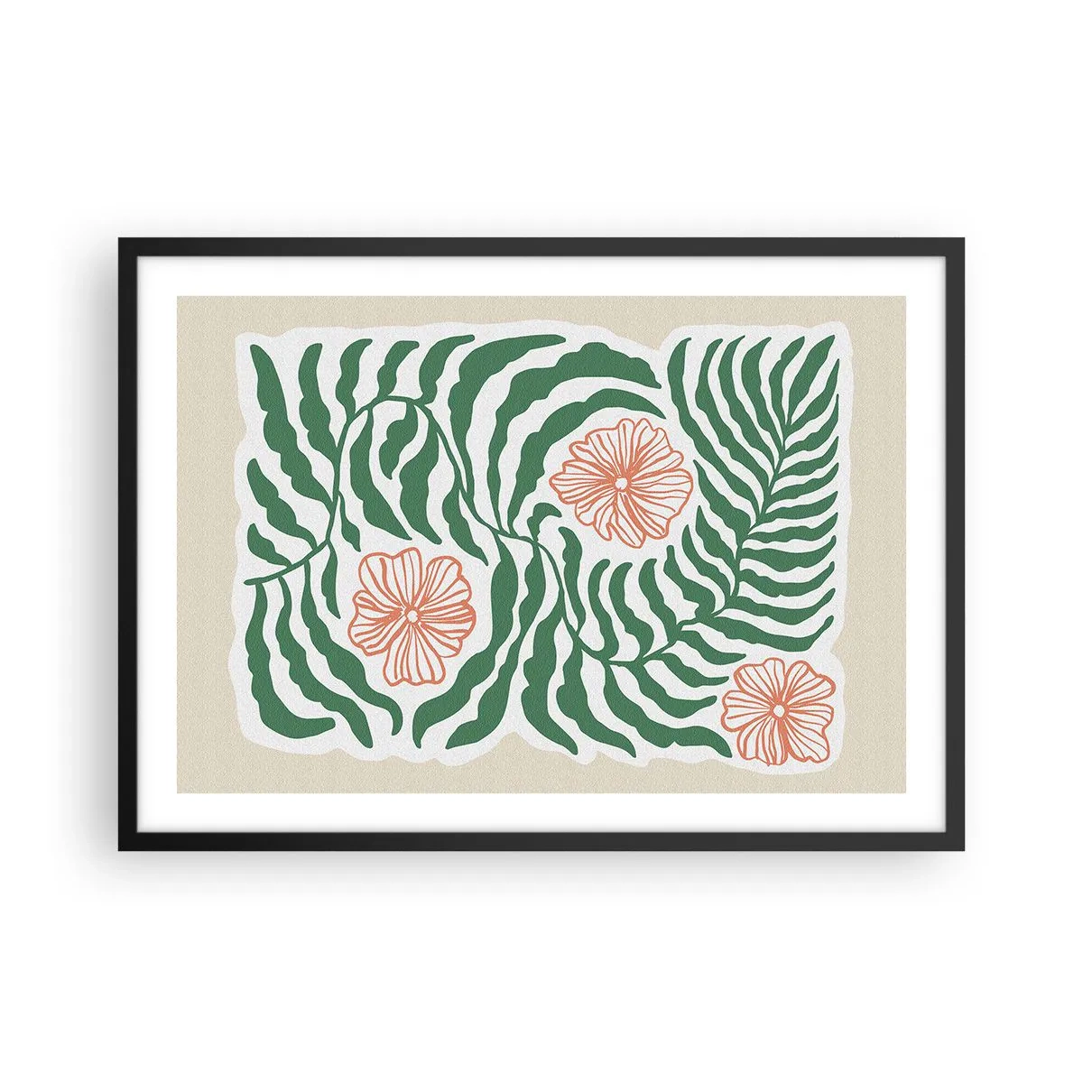 Poster in einem schwarzem Rahmen - Ein minimalistisches Motiv aus grünen Blättern mit Blüten in Orangetönen. - 70x50cm - Aufgeblüht in Grün - Moderne Wanddekoration für Wohnzimmer und Schlafzimmer ARTTOR