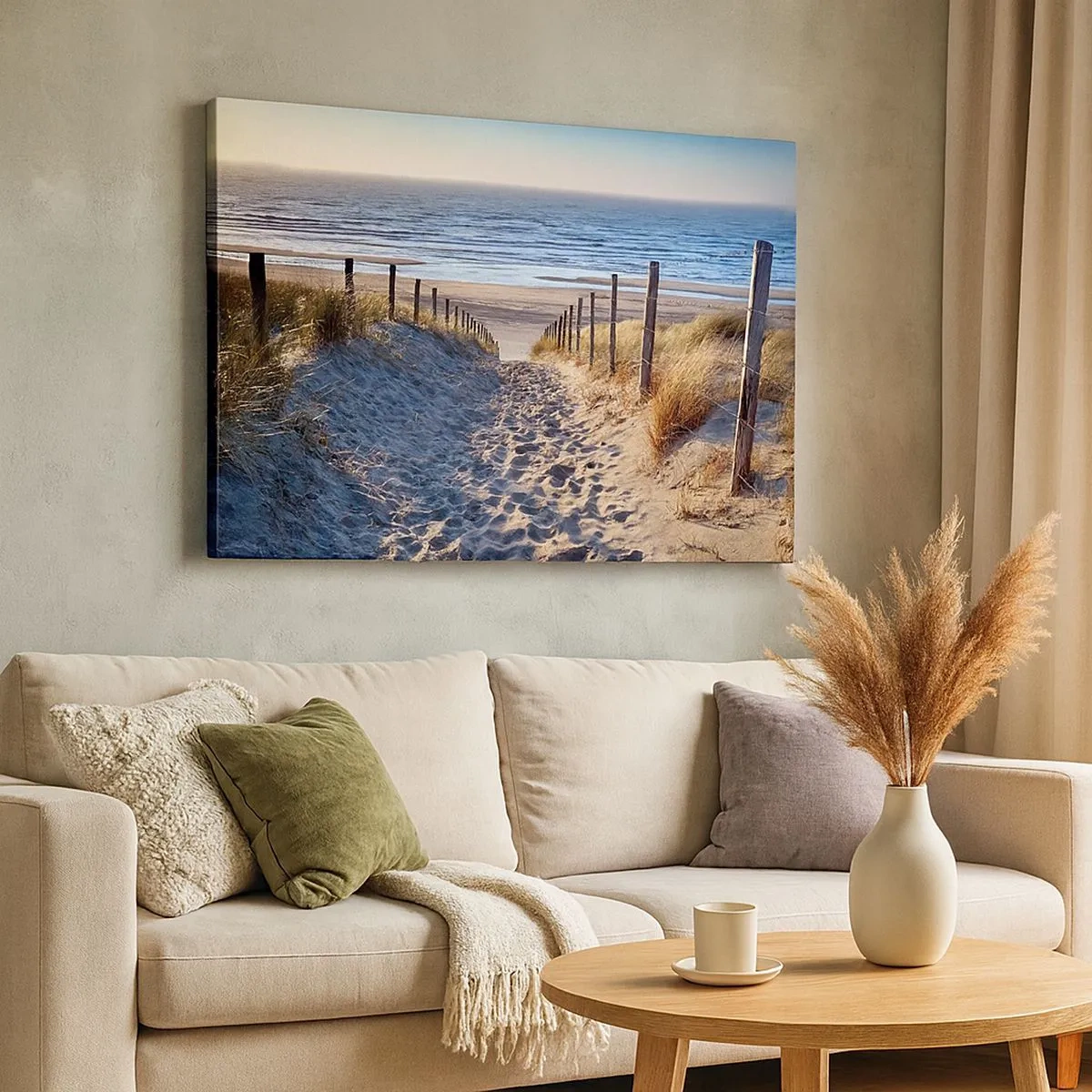 Bild auf Leinwand - Leinwandbild - Weg durch die Dünen zum Strand - 70x50cm - Das Rauschen des Meeres, der Gesang der Vögel, ein wilder Strand im Gras ... - Moderne Wanddekoration für Wohnzimmer und Schlafzimmer ARTTOR