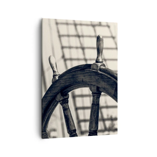 Bild auf Leinwand - Leinwandbild - Ein Segelruder im Retro-Stil mit einem Schiff im Hintergrund - 50x70cm - Meeresgeschichten - Moderne Wanddekoration für Wohnzimmer und Schlafzimmer ARTTOR