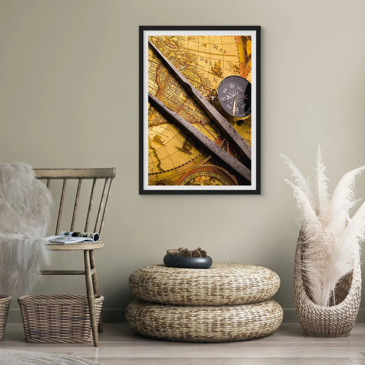 Poster in einem schwarzem Rahmen - Alte Karte mit Kompass und Navigationstools - 50x70cm - Wo sind diese Schätze? - Moderne Wanddekoration für Wohnzimmer und Schlafzimmer ARTTOR