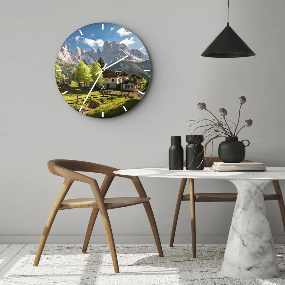 Wanduhr - Glasuhr - Alpenidylle - 40x40 cm