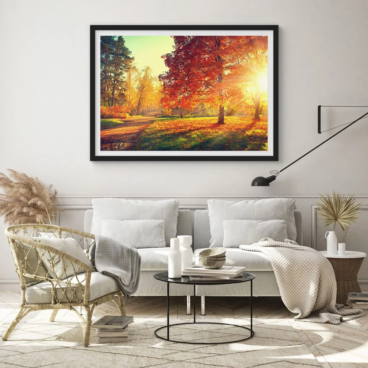 Poster in einem schwarzem Rahmen - Herbstpark im Sonnenlicht - 100x70cm - Unhöflich ist schön - Moderne Wanddekoration für Wohnzimmer und Schlafzimmer ARTTOR