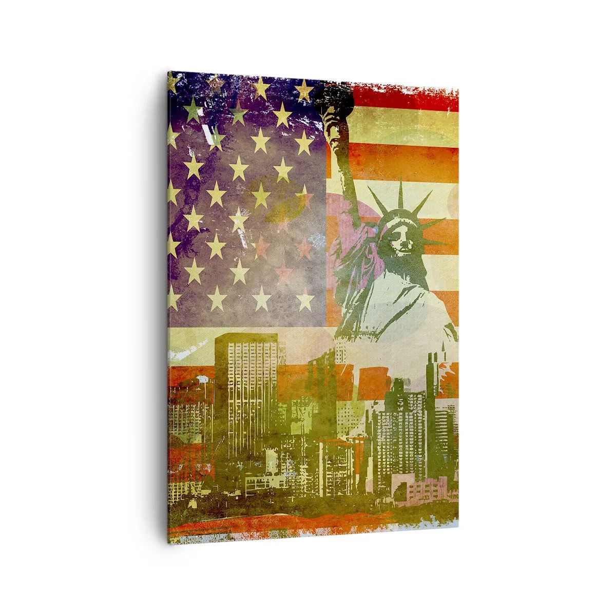 Bild auf Leinwand - Leinwandbild - Die Freiheitsstatue vor dem Hintergrund der amerikanischen Flagge und der Skyline der Stadt - 70x100cm - Viva Amerika! - Moderne Wanddekoration für Wohnzimmer und Schlafzimmer ARTTOR