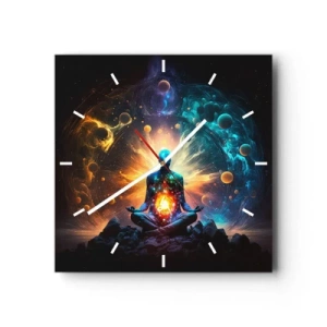 Wanduhr - Glasuhr - Eine meditierende Figur, umgeben von einer kosmischen Aura - 30x30cm - Kosmischer Frieden - Moderne Wanddekoration für Wohnzimmer und Schlafzimmer ARTTOR