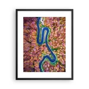 Poster in einem schwarzem Rahmen - Kurvenreicher Weg durch den Wald - 40x50 cm