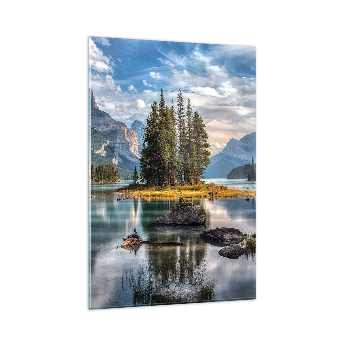 Glasbild - Bild auf glas - Eine Berglandschaft mit einer Insel, umgeben von einem ruhigen See - 80x120cm - An dem tollen und sauberen Wasser ... - Moderne Wanddekoration für Wohnzimmer und Schlafzimmer ARTTOR