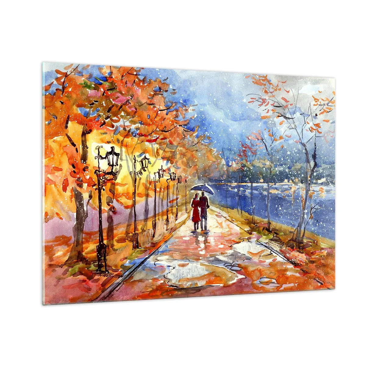 Glasbild - Bild auf glas - Ein Herbstspaziergang entlang der Allee mit bunten Blättern und Laternen - 100x70cm - Gemeinsam bis an die Grenze der Zeit - Moderne Wanddekoration für Wohnzimmer und Schlafzimmer ARTTOR