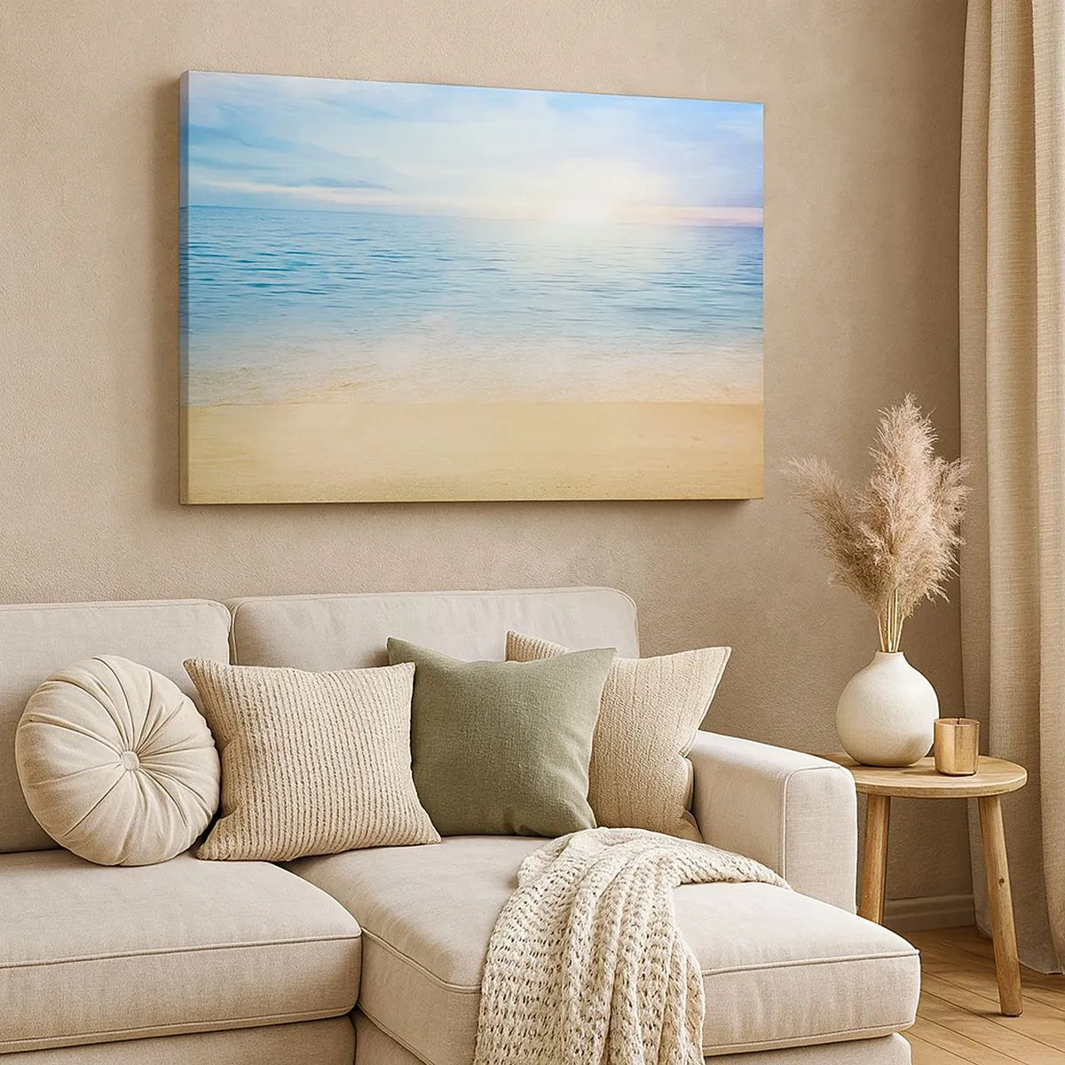 Bild auf Leinwand - Leinwandbild - Ein Strand mit türkisfarbenem Meer und klarem Himmel - 70x50cm - Großes Blau - Moderne Wanddekoration für Wohnzimmer und Schlafzimmer ARTTOR