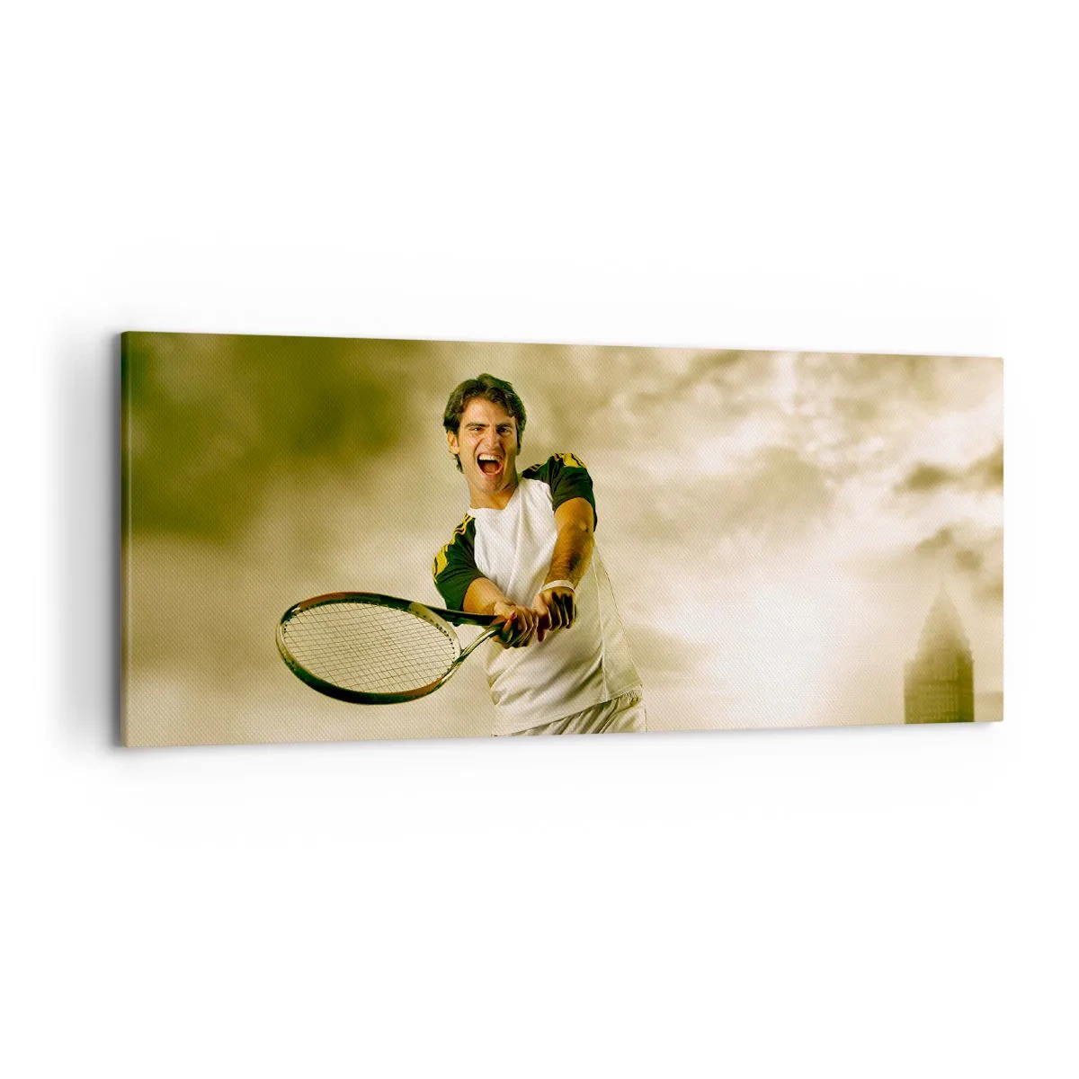 Bild auf Leinwand - Leinwandbild - Tennisspieler in Aktion während eines Spiels vor dem Hintergrund einer urbanen Landschaft - 120x50cm - Energie und Freude - Moderne Wanddekoration für Wohnzimmer und Schlafzimmer ARTTOR