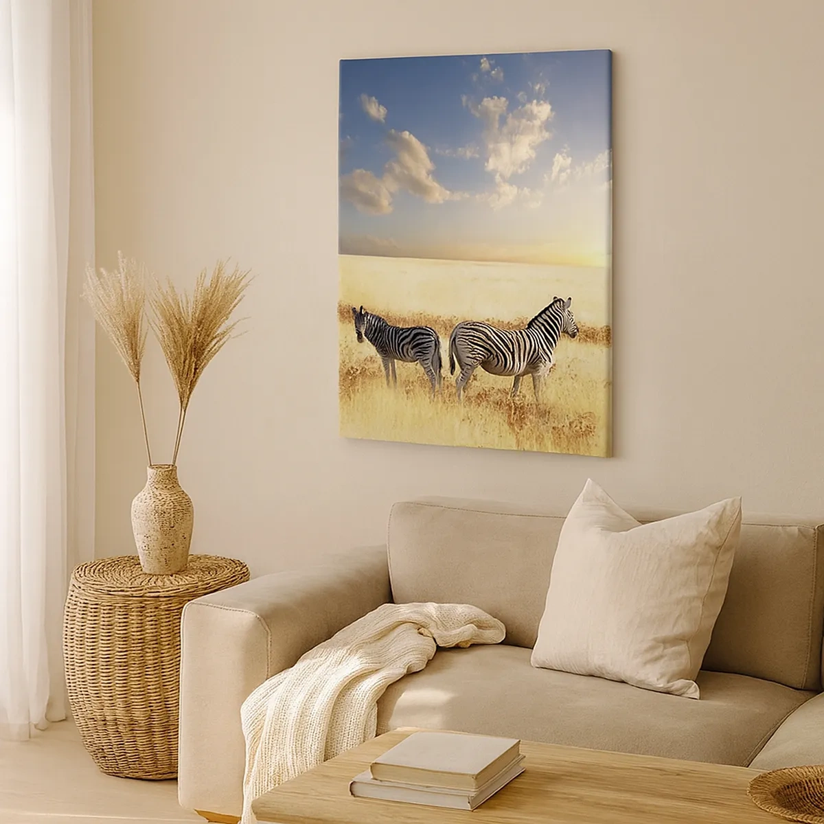 Bild auf Leinwand - Leinwandbild - Zwei Zebras in der Savanne in den Strahlen der untergehenden Sonne - 50x70cm - Geh weg, sei nicht in Frieden - Moderne Wanddekoration für Wohnzimmer und Schlafzimmer ARTTOR