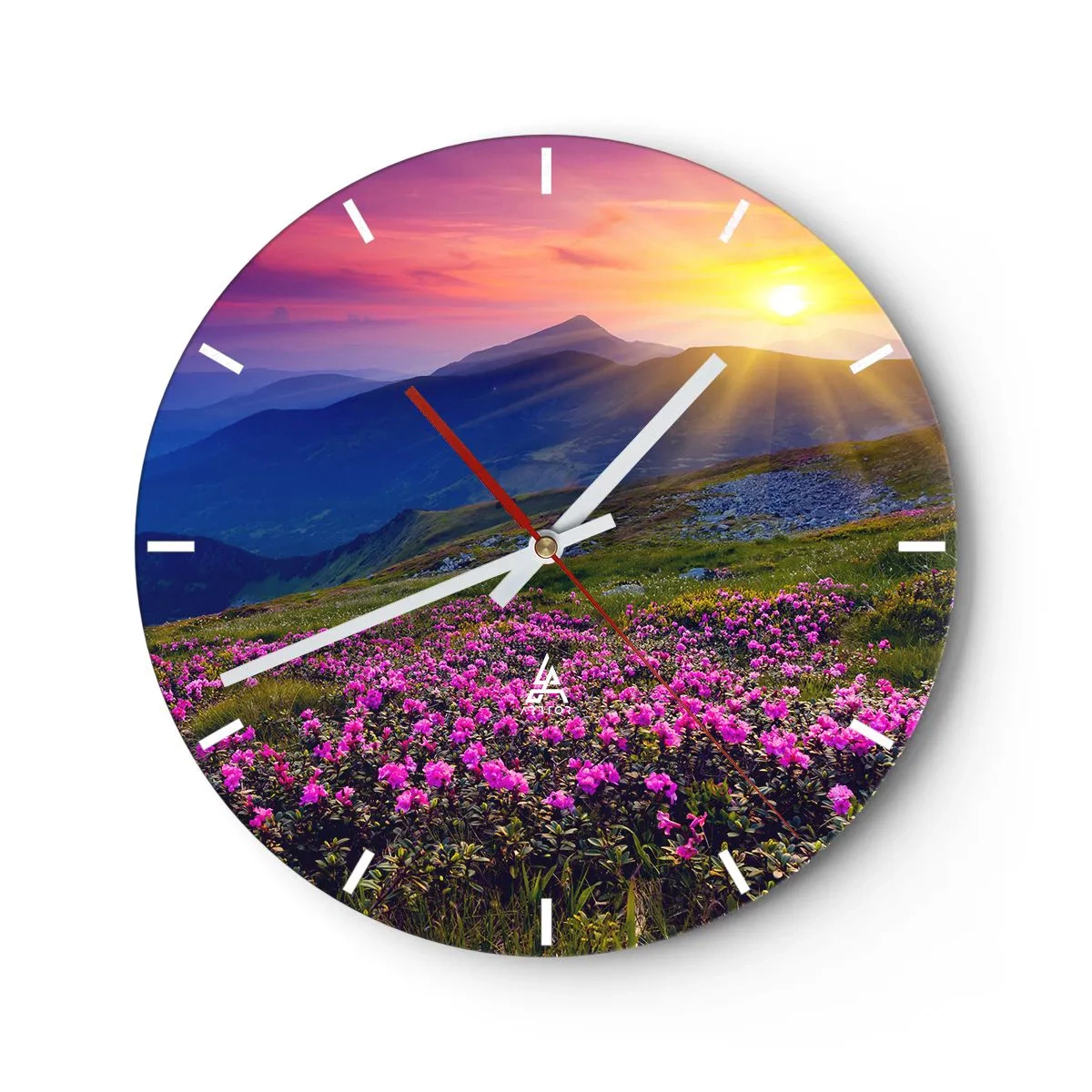 Wanduhr - Glasuhr - Berglandschaft bei Sonnenuntergang mit blühenden Blumen - 30x30cm - … Und drumherum duftet es nach Latschenkiefer und dem Duft von Kräutern - Moderne Wanddekoration für Wohnzimmer, Küche und Schlafzimmer ARTTOR