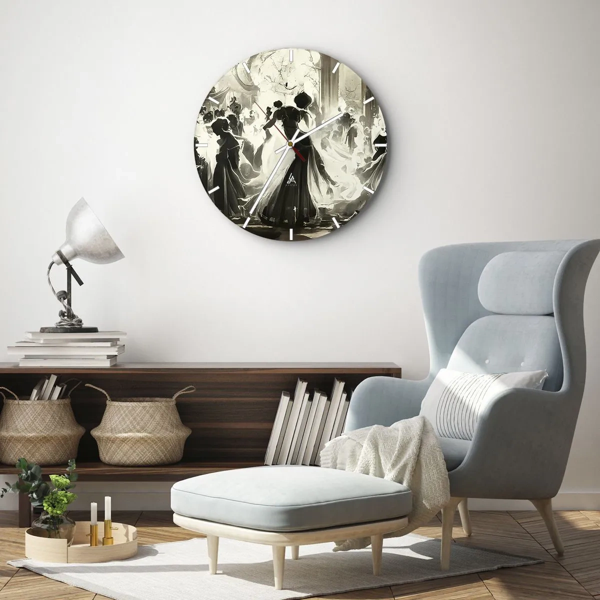 Wanduhr - Glasuhr - Maskierte Ballsaalfiguren tanzen in einem eleganten Interieur - 30x30cm - Die große Maskerade - Moderne Wanddekoration für Wohnzimmer, Küche und Schlafzimmer ARTTOR