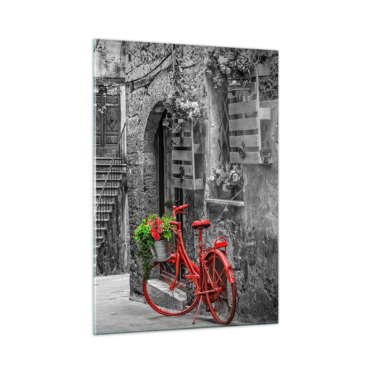 Glasbild - Bild auf glas - Schwarz-weiße Straße mit einem roten Fahrrad - 50x70cm - Toskanische Gasse - Moderne Wanddekoration für Wohnzimmer und Schlafzimmer ARTTOR