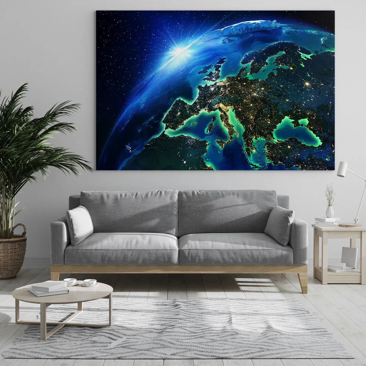 Glasbild - Bild auf glas - Blick auf die Erde aus dem Weltraum mit dem nachts leuchtenden Europa - 70x50cm - Funkelndes Europa - Moderne Wanddekoration für Wohnzimmer und Schlafzimmer ARTTOR
