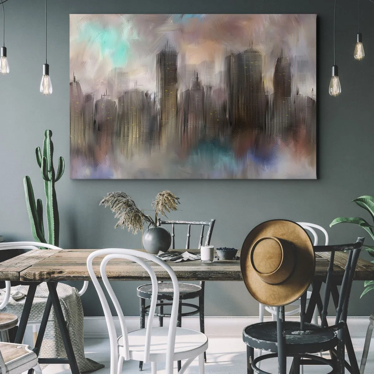 Bild auf Leinwand - Leinwandbild - Eine künstlerische Vision einer Stadtlandschaft mit Wolkenkratzern in Pastellfarben. - 70x50cm - Eine Komposition aus Stahl, Stein und Nebel - Moderne Wanddekoration für Wohnzimmer und Schlafzimmer ARTTOR
