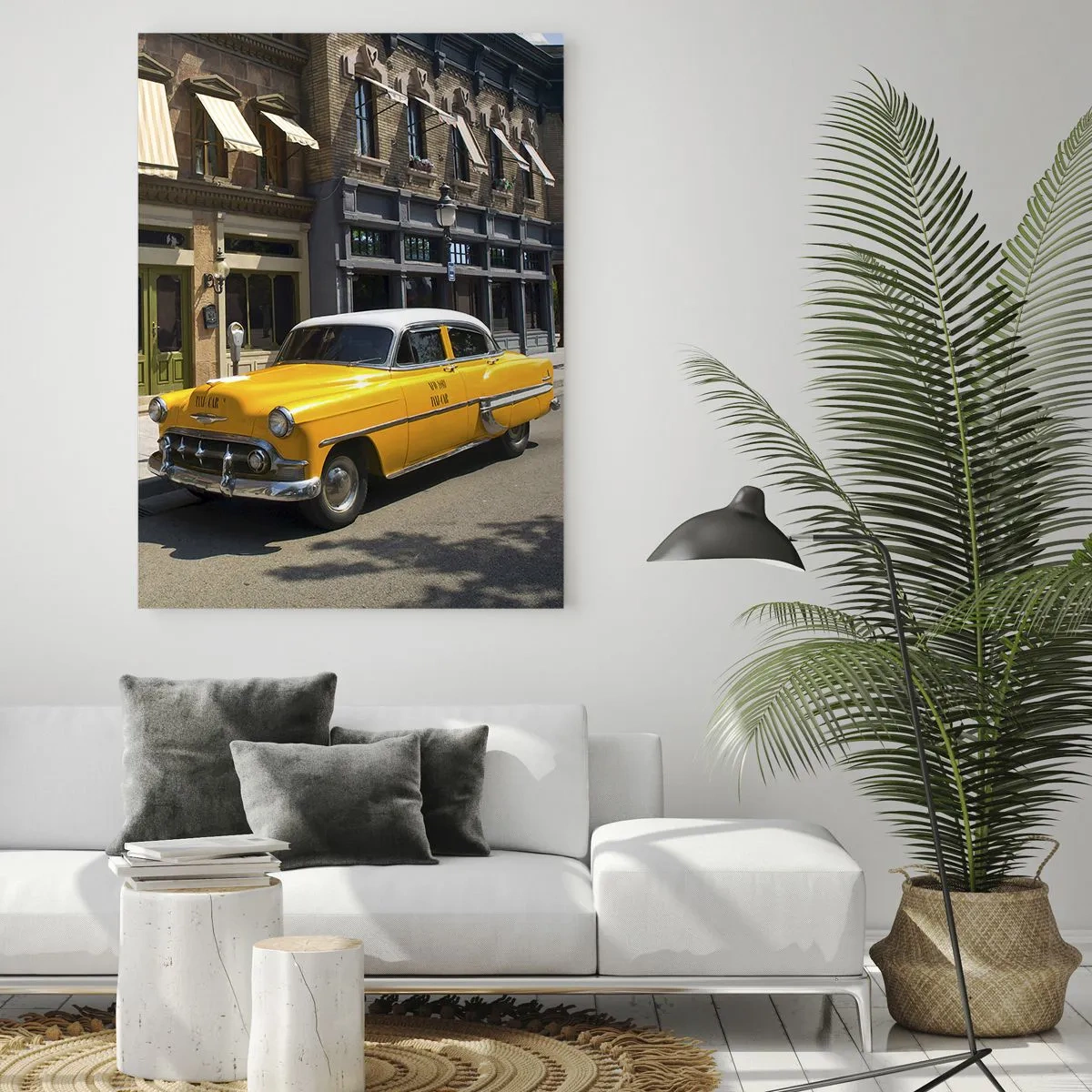 Glasbild - Bild auf glas - Ein gelbes Taxi auf einer Straße mit Mietshäusern - 70x100cm - Vor langer Zeit in Amerika - Moderne Wanddekoration für Wohnzimmer und Schlafzimmer ARTTOR