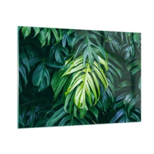 Glasbild - Bild auf glas - Üppig grüne Monstera-Blätter im natürlichen Licht - 100x70cm - Tauchen Sie ein in die Frische - Moderne Wanddekoration für Wohnzimmer und Schlafzimmer ARTTOR